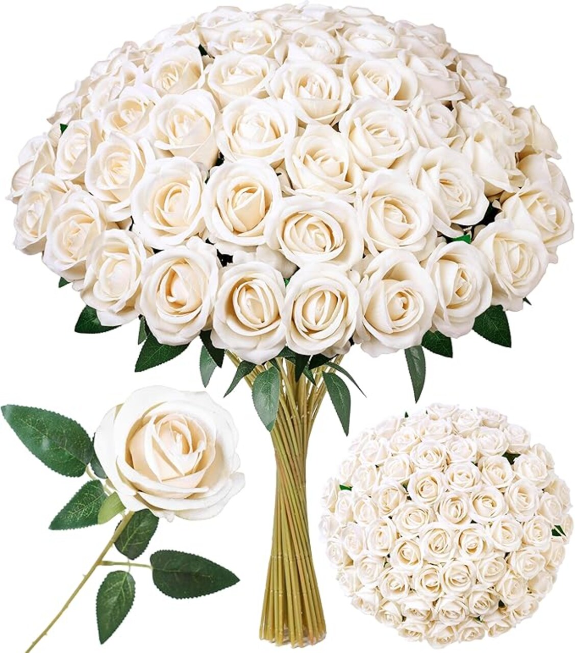 50PCS Champagne Artificial Roses with Long Stems – Realistic Silk & Velvet Fake Flowers Bouquet for DIY Wedding, Bridal Shower, Baby Shower, Party Centerpieces, Home & Event Decor, Gift for Her